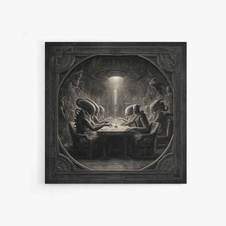 The Candlelit Seance, Biomechanical Horror Art, Square Wall Art, Macabre Wall Art, Framed Canvas Print, Halloween Wall Art