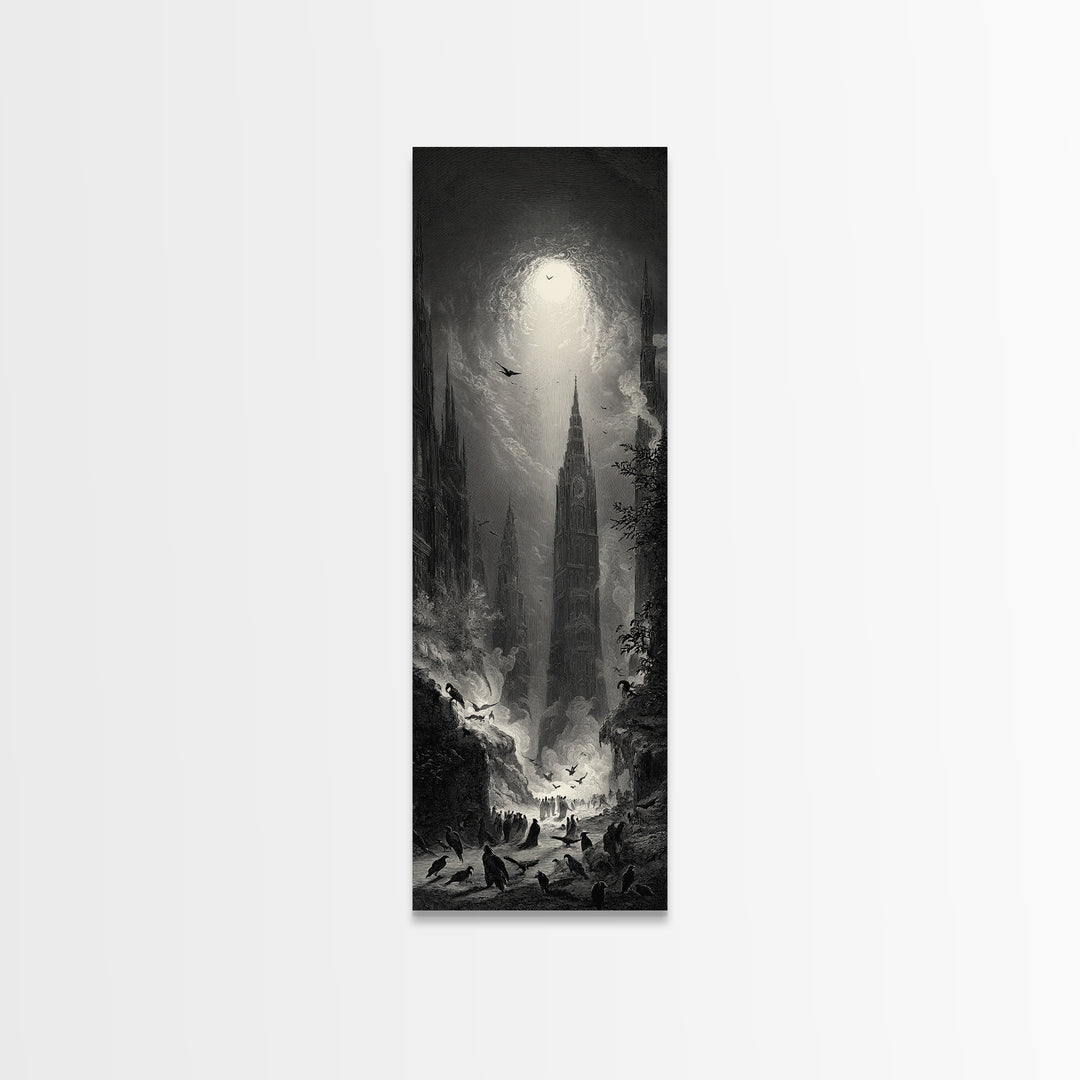 The Raven Funeral, Gothic Engraving Art, Tall Narrow Wall Art, Macabre Wall Art, Canvas Print, Halloween Wall Art, Gothic Home Decor