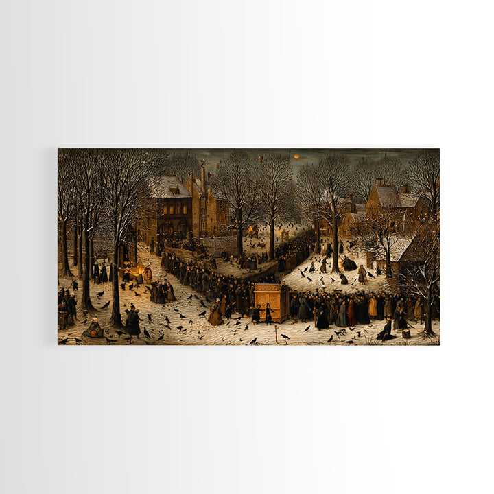 The Raven Funeral, Northern Renaissance Horror, Wide Panoramic Art, Macabre Wall Art, Framed Canvas Print, Halloween Wall Art