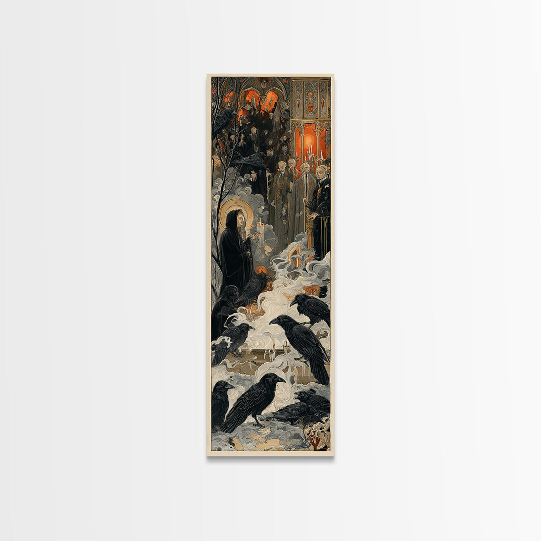 The Raven Funeral, Dark Renaissance Art, Tall Narrow Wall Art, Gothic Horror Wall Art, Canvas Print, Halloween Wall Art
