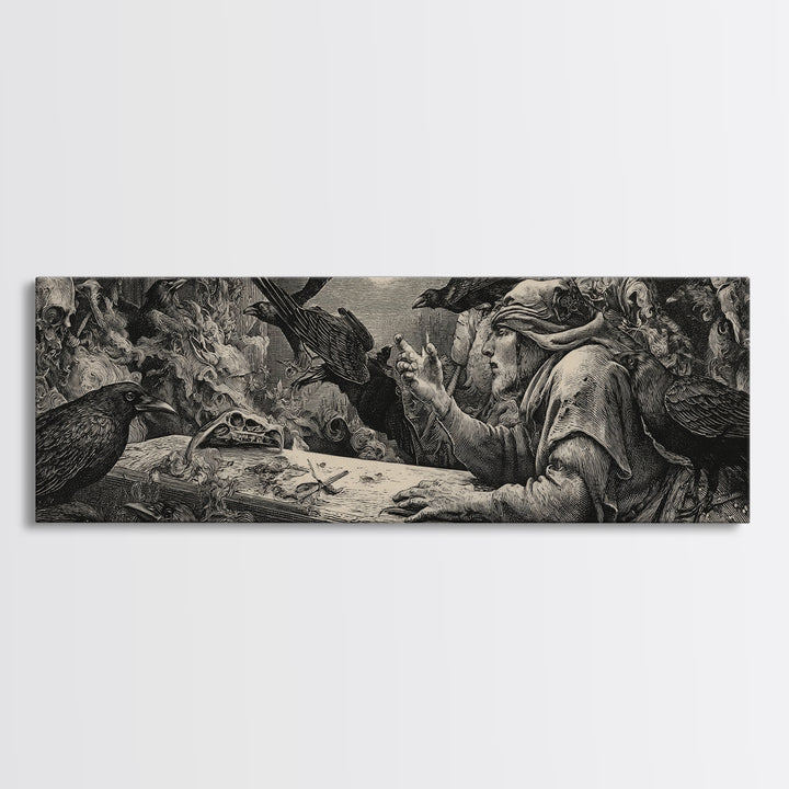 The Raven Funeral, Renaissance Engraving Art, Extra Wide Wall Art, Dark Fantasy Wall Art, Framed Canvas Print, Halloween Wall Art