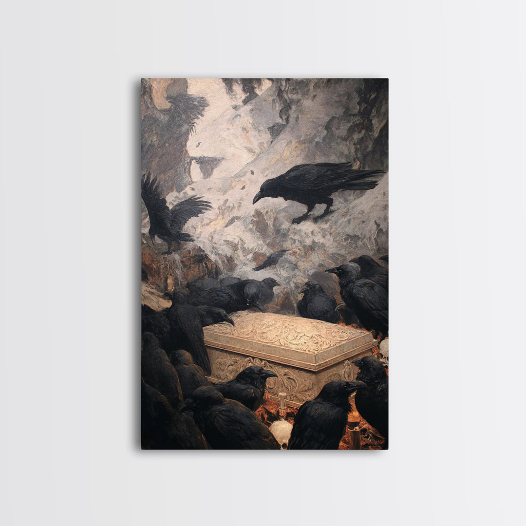 The Raven Funeral, Baroque Witchcraft Art, Vertical Wall Art, Macabre Wall Art, Framed Canvas Print, Halloween Wall Art