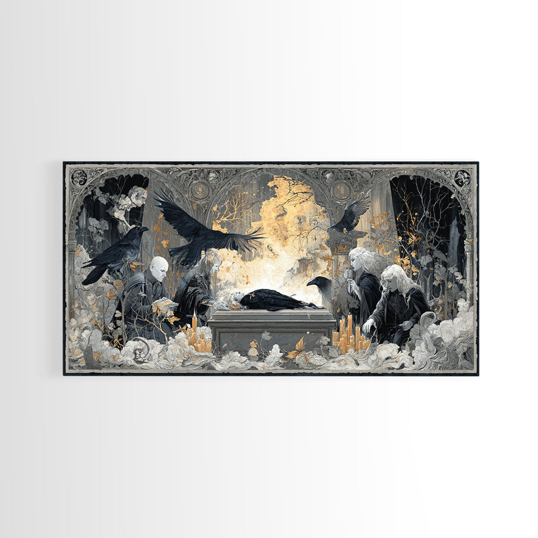 The Raven Funeral, Visionary Gothic Art, Wide Panoramic Art, Macabre Wall Art, Canvas Print, Halloween Wall Art