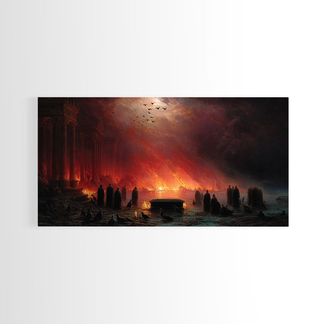 The Raven Funeral, Apocalyptic Romantic Art, Wide Panoramic Art, Macabre Wall Art, Framed Canvas Print, Halloween Wall Art