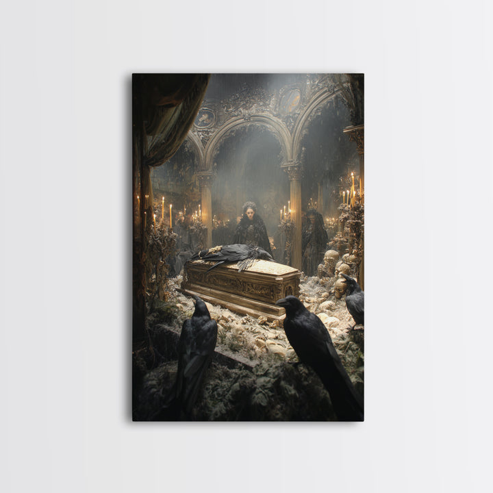 The Raven Funeral, Ornate Symbolist Art, Vertical Wall Art, Dark Halloween Decor, Framed Canvas Print, Halloween Wall Art