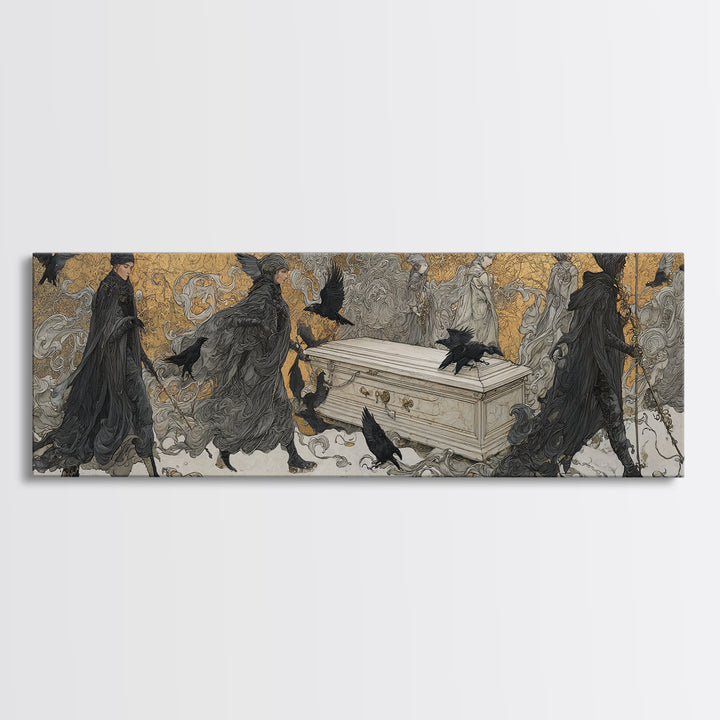 The Raven Funeral, Symbolist Death Art, Extra Wide Wall Art, Gothic Horror Wall Art, Canvas Print, Halloween Wall Art