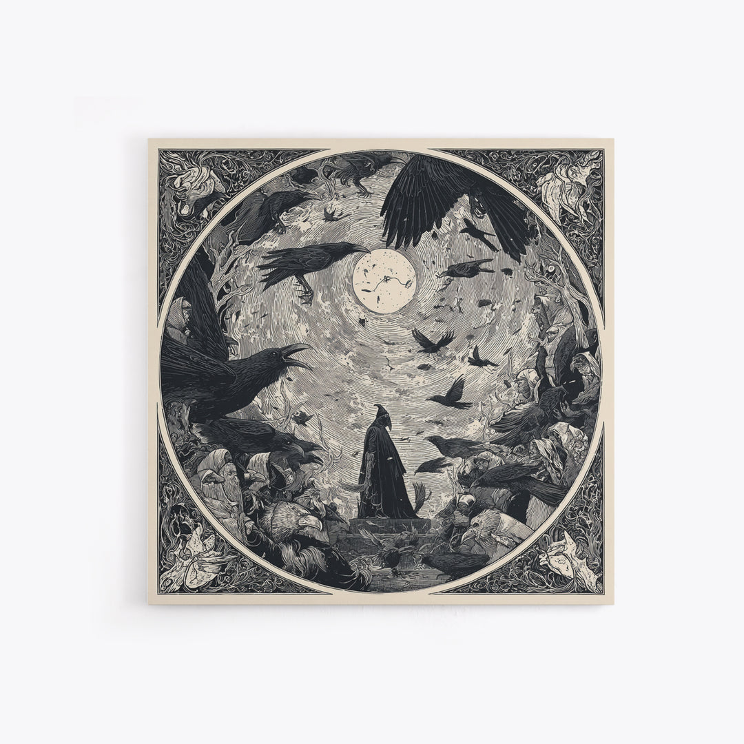 The Raven Funeral, Symbolist Etching Art, Square Wall Art, Dark Halloween Decor, Framed Canvas Print, Halloween Wall Art