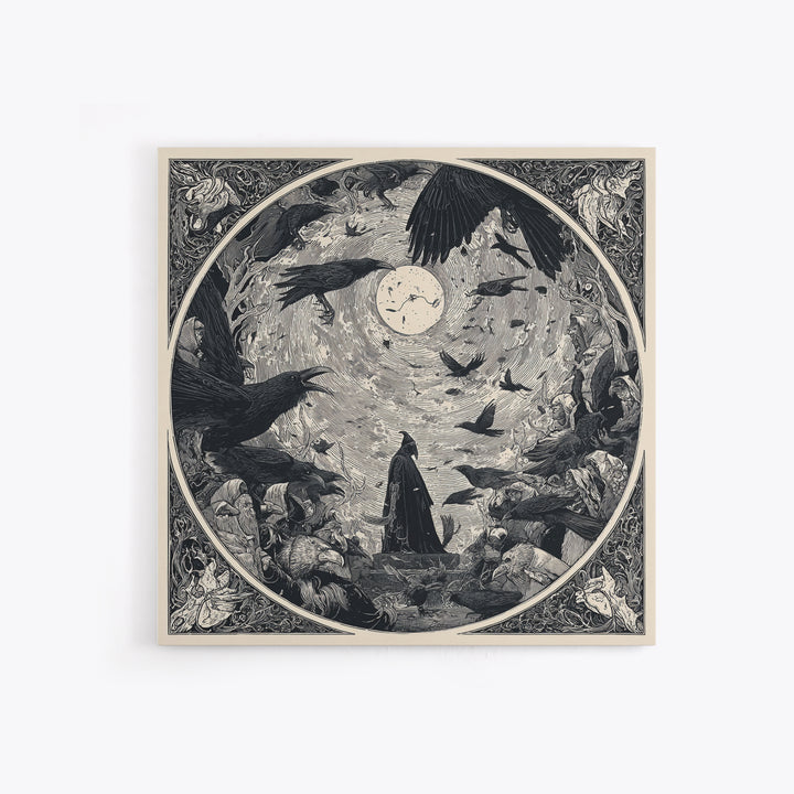 The Raven Funeral, Symbolist Etching Art, Square Wall Art, Dark Halloween Decor, Framed Canvas Print, Halloween Wall Art