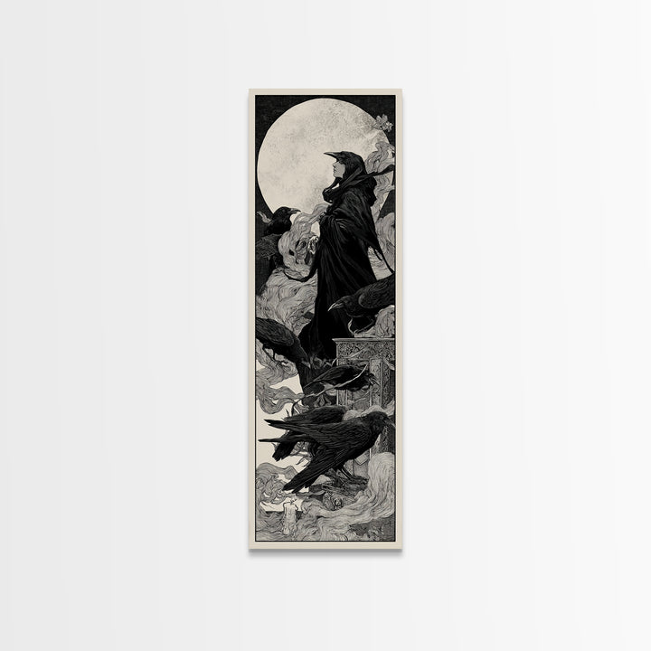 The Raven Funeral, Decadent Line Art, Tall Narrow Wall Art, Macabre Wall Art, Canvas Print, Halloween Wall Art