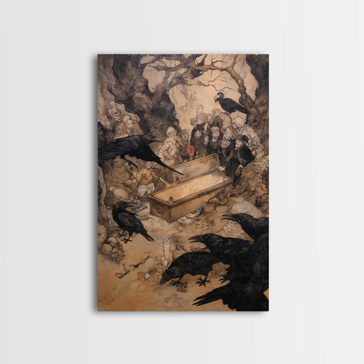 The Raven Funeral, Gothic Storybook Art, Vertical Wall Art, Macabre Wall Art, Canvas Print, Halloween Wall Art, Statement Wall Art