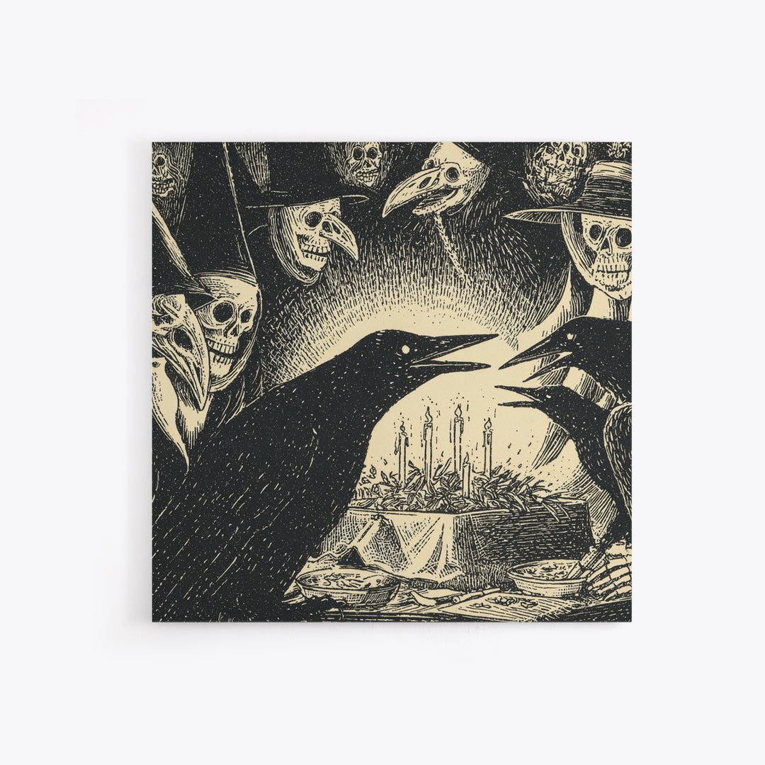 The Raven Funeral, Macabre Folk Print Art, Square Wall Art, Macabre Wall Art, Framed Canvas Print, Halloween Wall Art