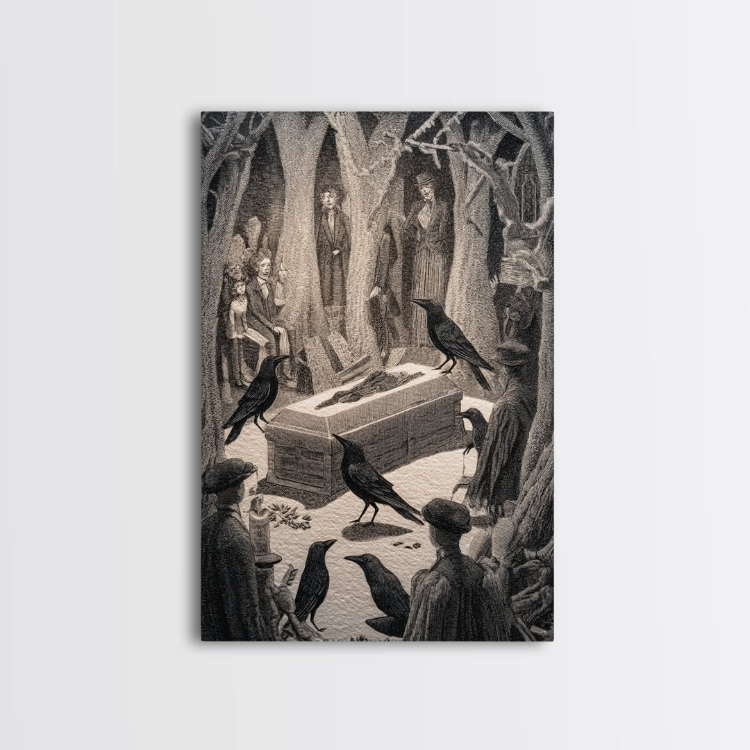 The Raven Funeral, Victorian Macabre Art, Vertical Wall Art, Gothic Horror Wall Art, Framed Canvas Print, Halloween Wall Art