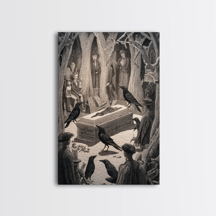 The Raven Funeral, Victorian Macabre Art, Vertical Wall Art, Gothic Horror Wall Art, Framed Canvas Print, Halloween Wall Art