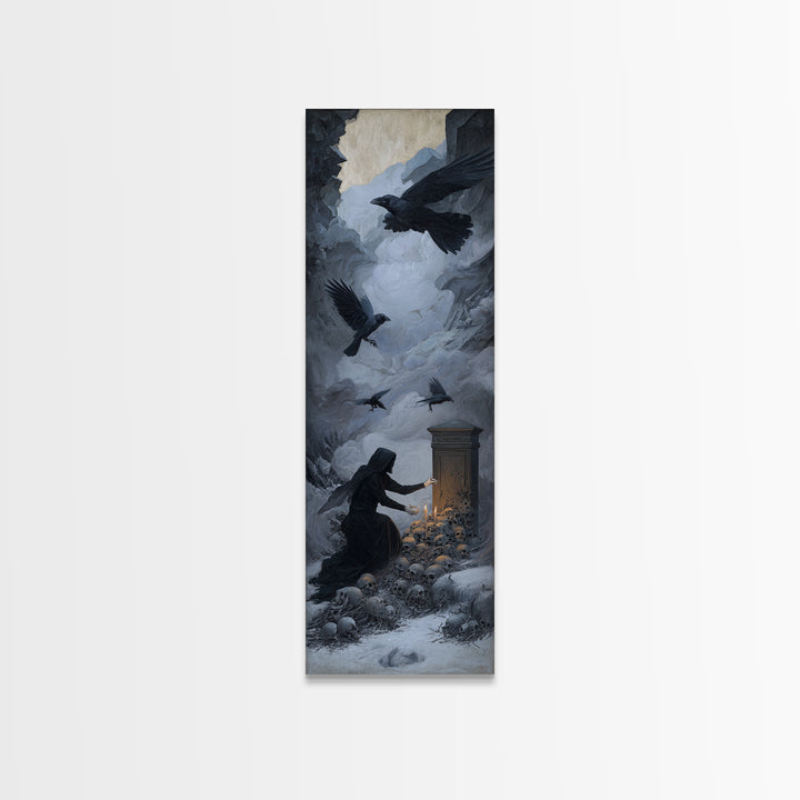 The Raven Funeral, Surreal Apocalyptic Art, Tall Narrow Wall Art, Dark Fantasy Wall Art, Framed Canvas Print, Halloween Wall Art