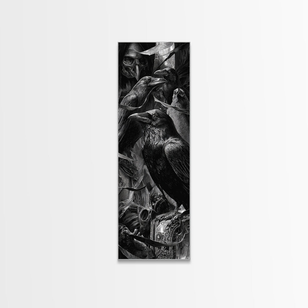 The Raven Funeral, Biomechanical Horror Art, Tall Narrow Wall Art, Macabre Wall Art, Framed Canvas Print, Halloween Wall Art