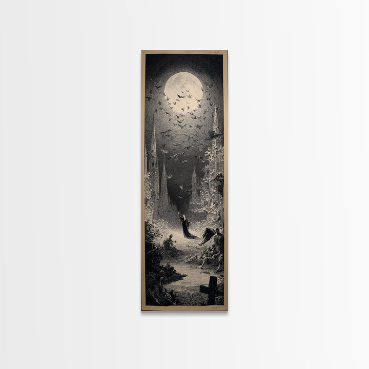 The Graveyard Dance, Gothic Engraving Art, Tall Narrow Wall Art, Dark Halloween Decor, Canvas Print, Halloween Wall Art