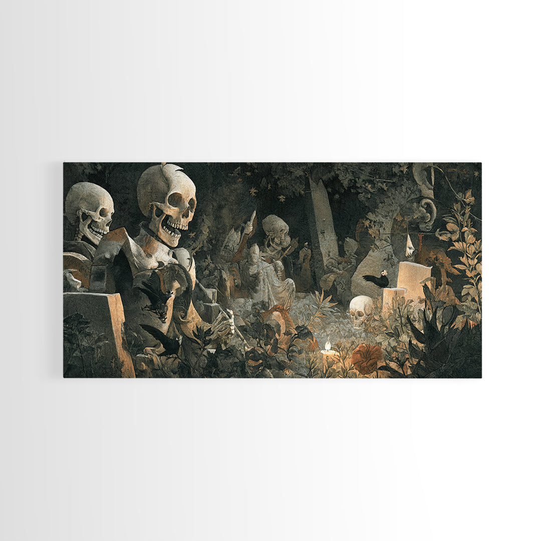 The Graveyard Dance, Medieval Grotesque Art, Wide Panoramic Art, Gothic Horror Wall Art, Framed Canvas Print, Halloween Wall Art