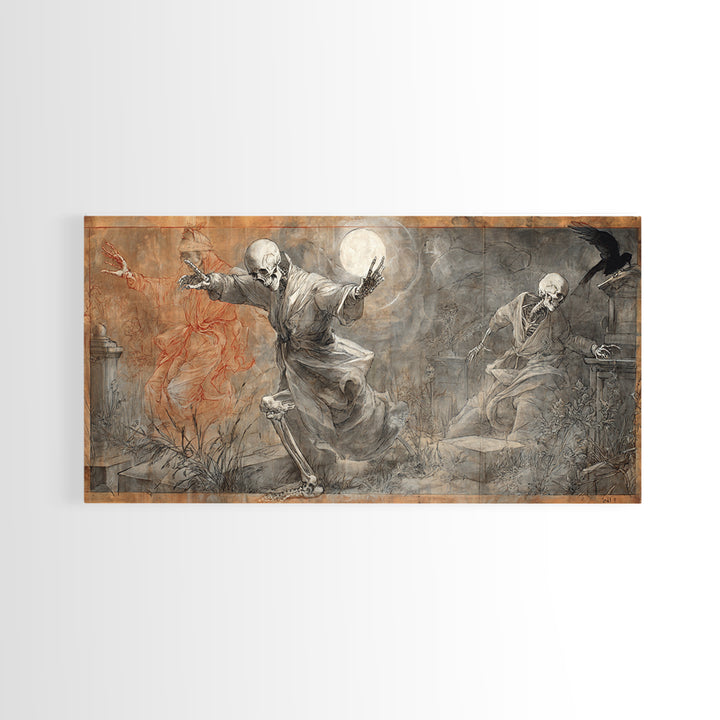 The Graveyard Dance, Dark Renaissance Art, Wide Panoramic Art, Macabre Wall Art, Framed Canvas Print, Halloween Wall Art