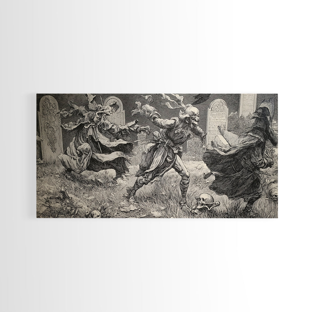 The Graveyard Dance, Renaissance Engraving Art, Wide Panoramic Art, Gothic Horror Wall Art, Canvas Print, Halloween Wall Art