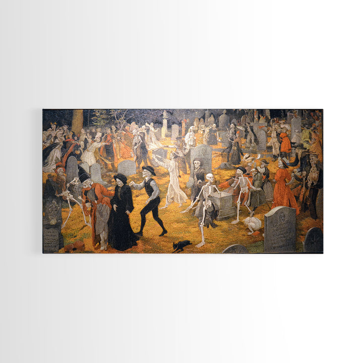 The Graveyard Dance, Danse Macabre Art, Wide Panoramic Art, Macabre Wall Art, Canvas Print, Halloween Wall Art