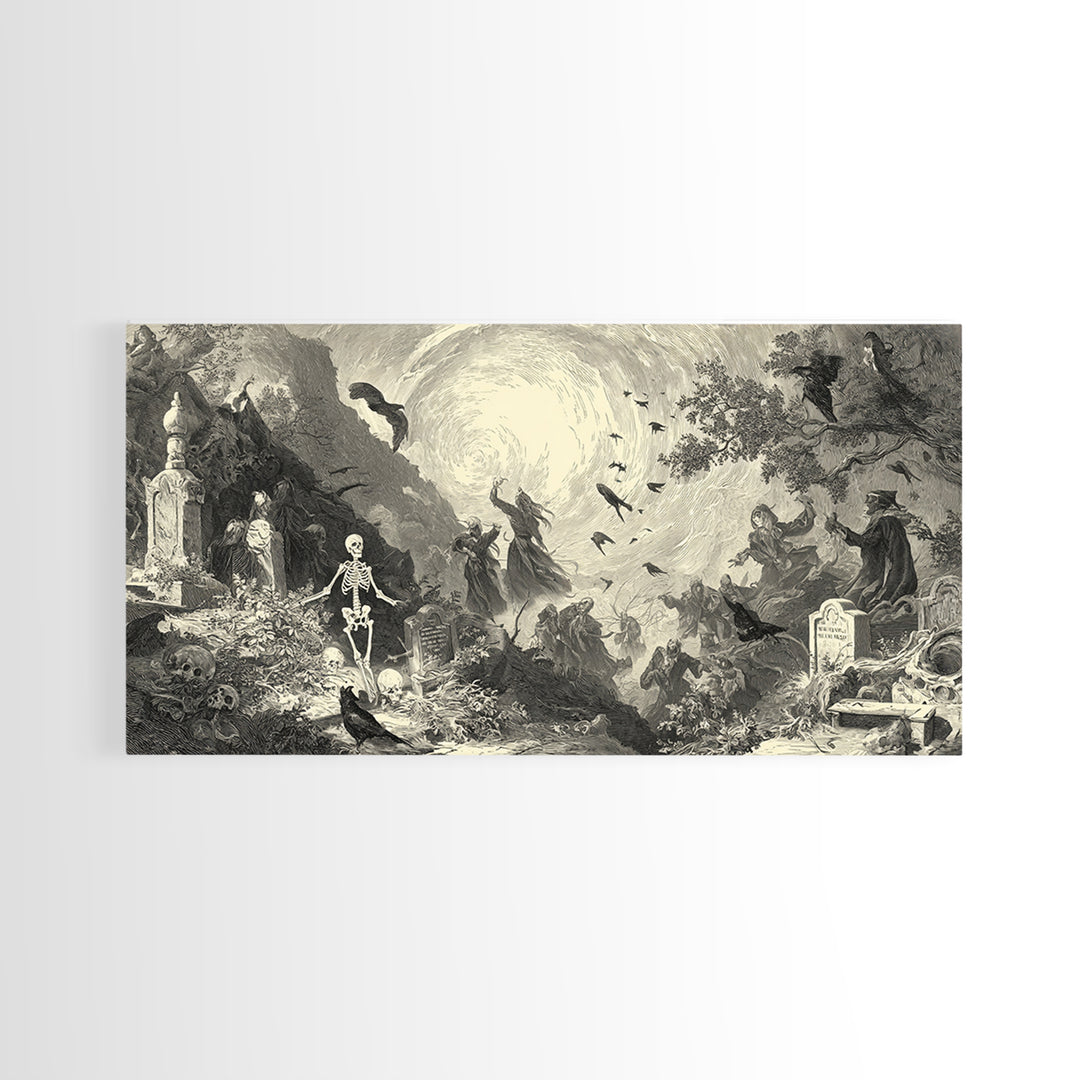 The Graveyard Dance, Baroque Witchcraft Art, Wide Panoramic Art, Gothic Horror Wall Art, Framed Canvas Print, Halloween Wall Art