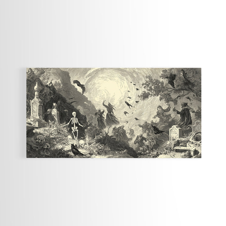 The Graveyard Dance, Baroque Witchcraft Art, Wide Panoramic Art, Gothic Horror Wall Art, Framed Canvas Print, Halloween Wall Art