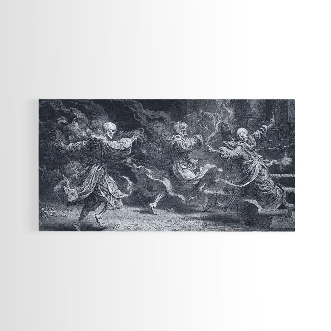 The Graveyard Dance, Architectural Etching Art, Wide Panoramic Art, Gothic Horror Wall Art, Framed Canvas Print