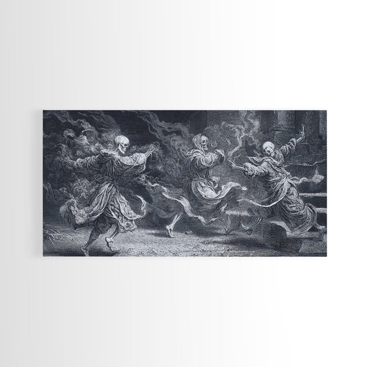 The Graveyard Dance, Architectural Etching Art, Wide Panoramic Art, Gothic Horror Wall Art, Framed Canvas Print