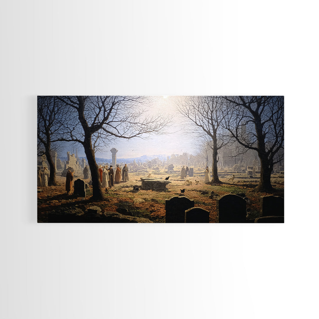 The Graveyard Dance, Romantic Gothic Landscape, Wide Panoramic Art, Dark Fantasy Wall Art, Canvas Print, Halloween Wall Art