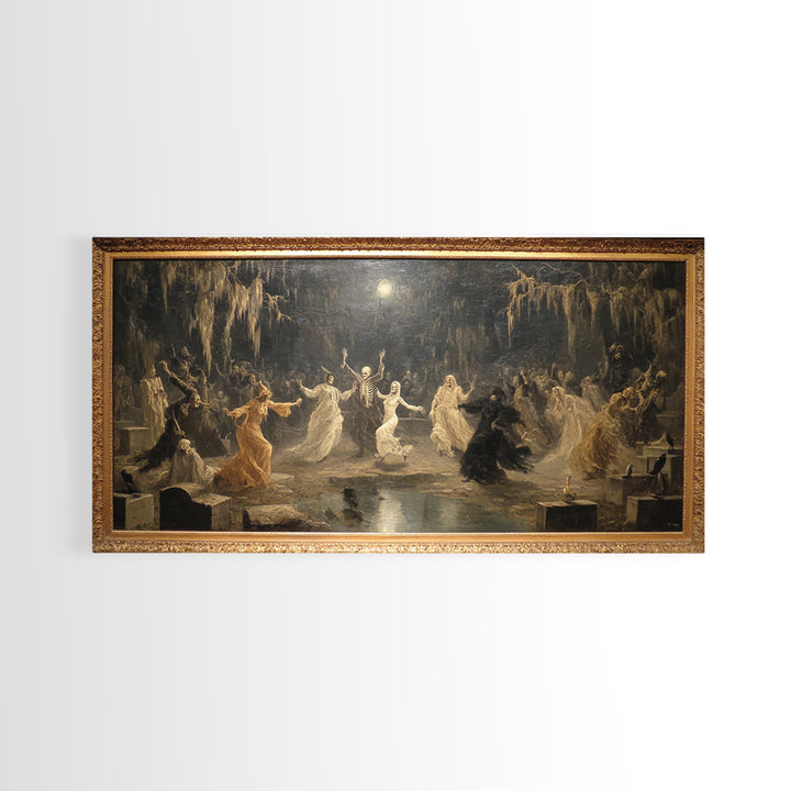 The Graveyard Dance, Symbolist Gothic Landscape, Wide Panoramic Art, Macabre Wall Art, Framed Canvas Print, Halloween Wall Art