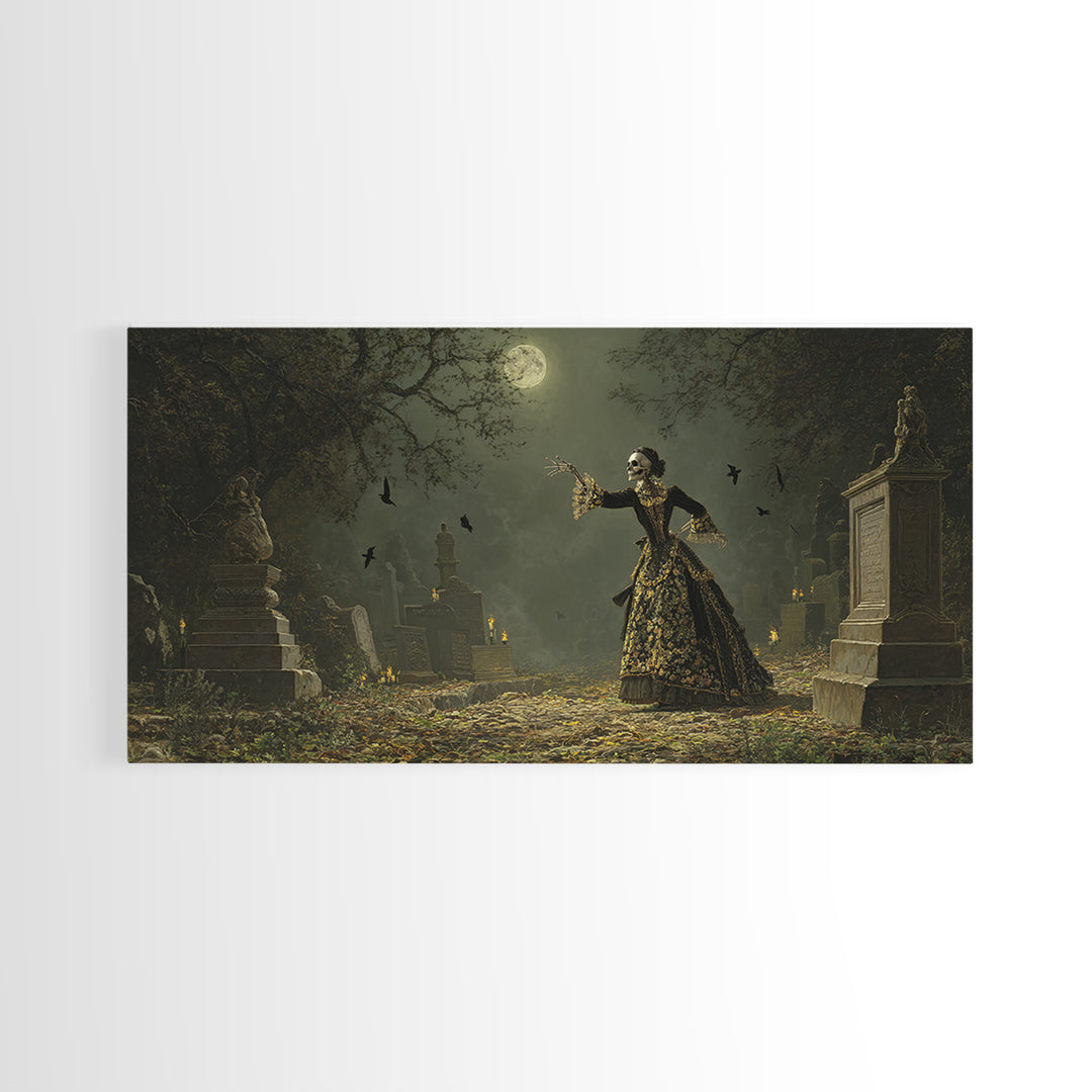 The Graveyard Dance, Ornate Symbolist Art, Wide Panoramic Art, Dark Fantasy Wall Art, Canvas Print, Halloween Wall Art