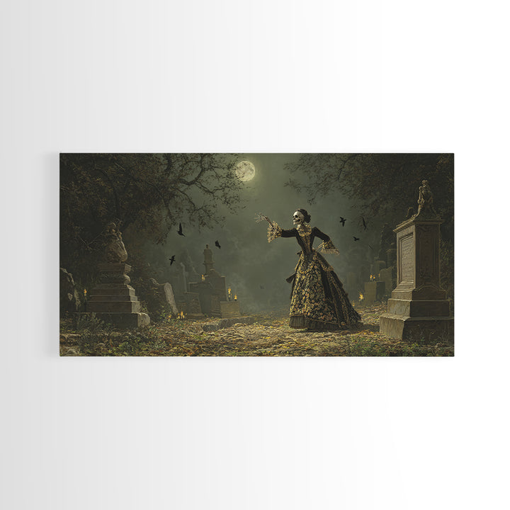 The Graveyard Dance, Ornate Symbolist Art, Wide Panoramic Art, Dark Fantasy Wall Art, Canvas Print, Halloween Wall Art