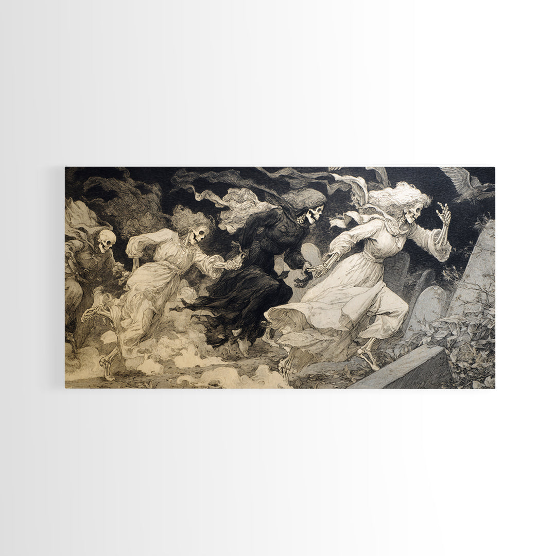 The Graveyard Dance, Decadent Gothic Art, Wide Panoramic Art, Macabre Wall Art, Canvas Print, Halloween Wall Art
