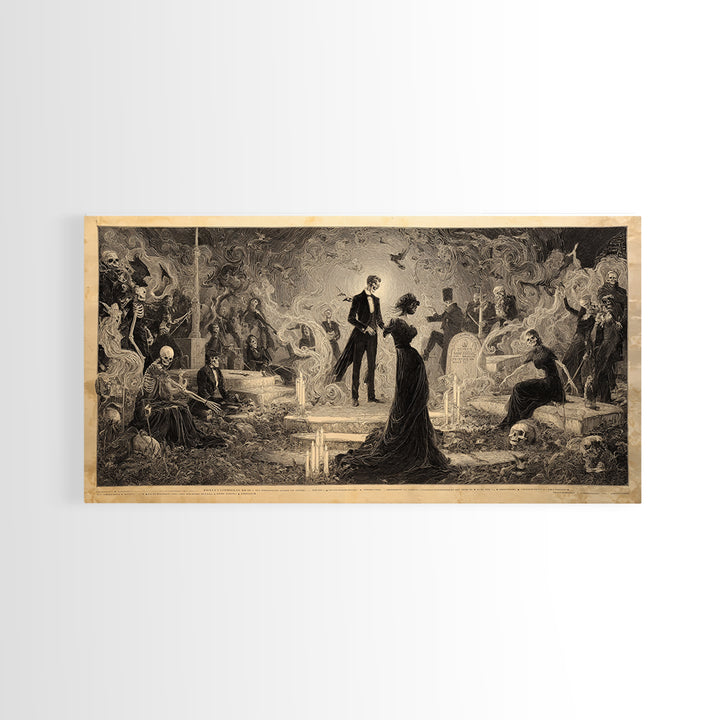 The Graveyard Dance, Dark Symbolist Art, Wide Panoramic Art, Dark Halloween Decor, Framed Canvas Print, Halloween Wall Art