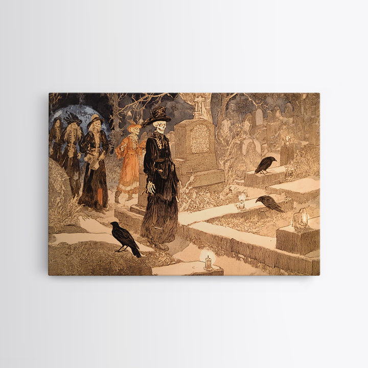 The Graveyard Dance, Symbolist Etching Art, Landscape Wall Art, Gothic Horror Wall Art, Framed Canvas Print, Halloween Wall Art
