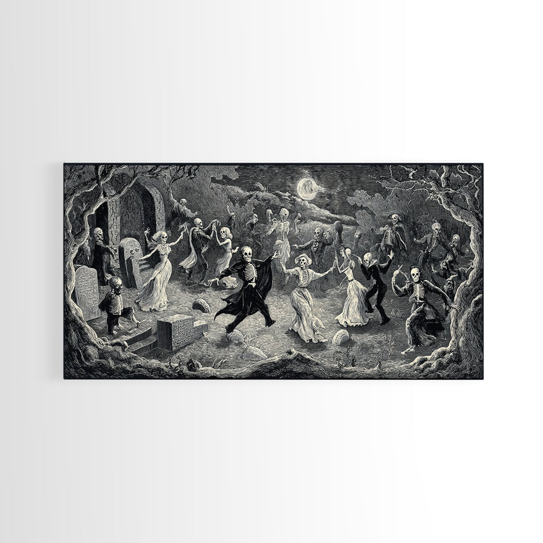 The Graveyard Dance, Expressionist Nightmare Art, Wide Panoramic Art, Dark Fantasy Wall Art, Framed Canvas Print, Halloween Wall Art