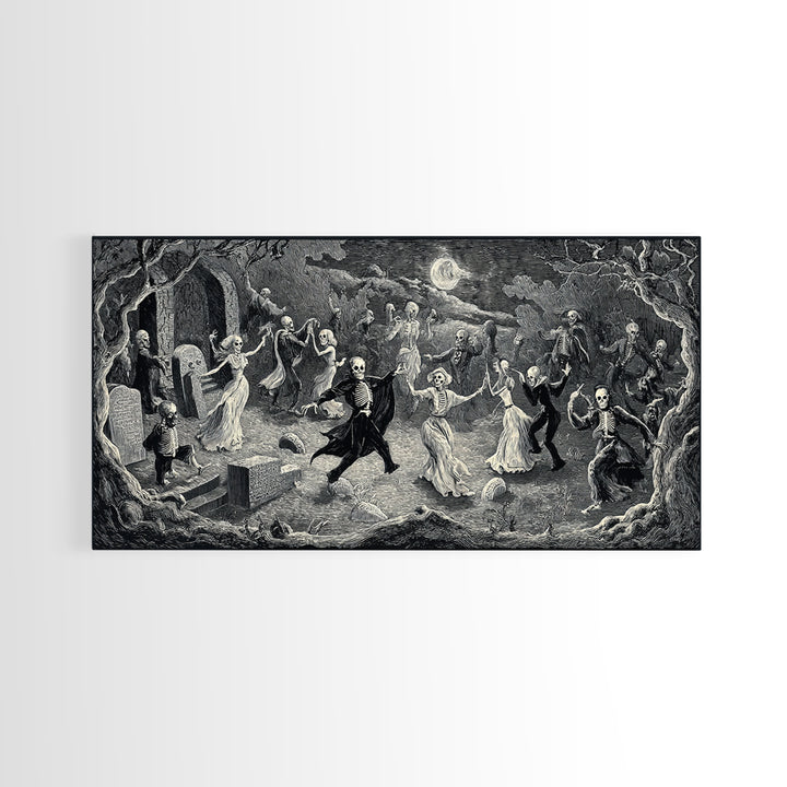 The Graveyard Dance, Expressionist Nightmare Art, Wide Panoramic Art, Dark Fantasy Wall Art, Framed Canvas Print, Halloween Wall Art