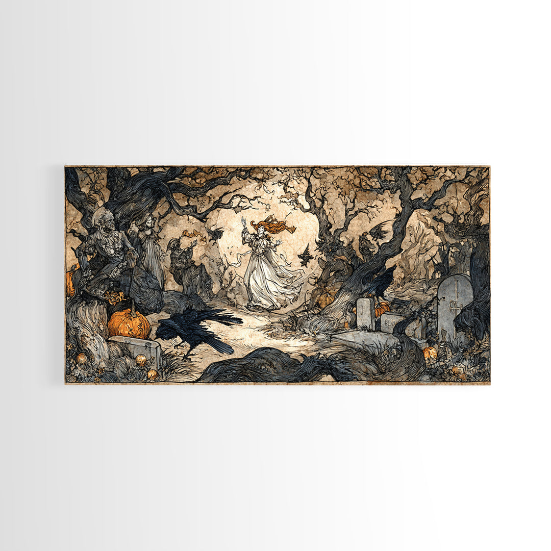 The Graveyard Dance, Gothic Storybook Art, Wide Panoramic Art, Dark Halloween Decor, Canvas Print, Halloween Wall Art