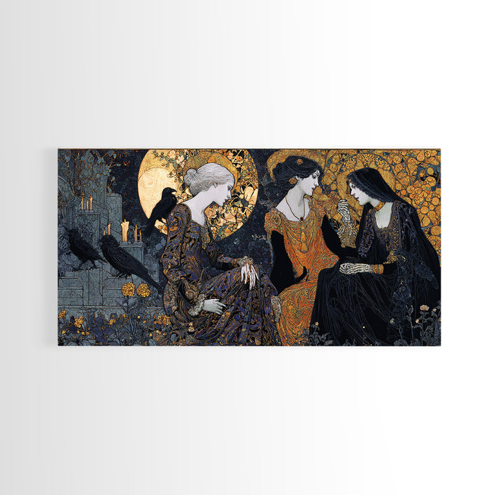 The Graveyard Dance, Stained Glass Gothic Art, Wide Panoramic Art, Dark Halloween Decor, Framed Canvas Print, Halloween Wall Art