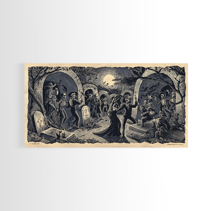 The Graveyard Dance, Macabre Folk Print Art, Wide Panoramic Art, Macabre Wall Art, Canvas Print, Halloween Wall Art