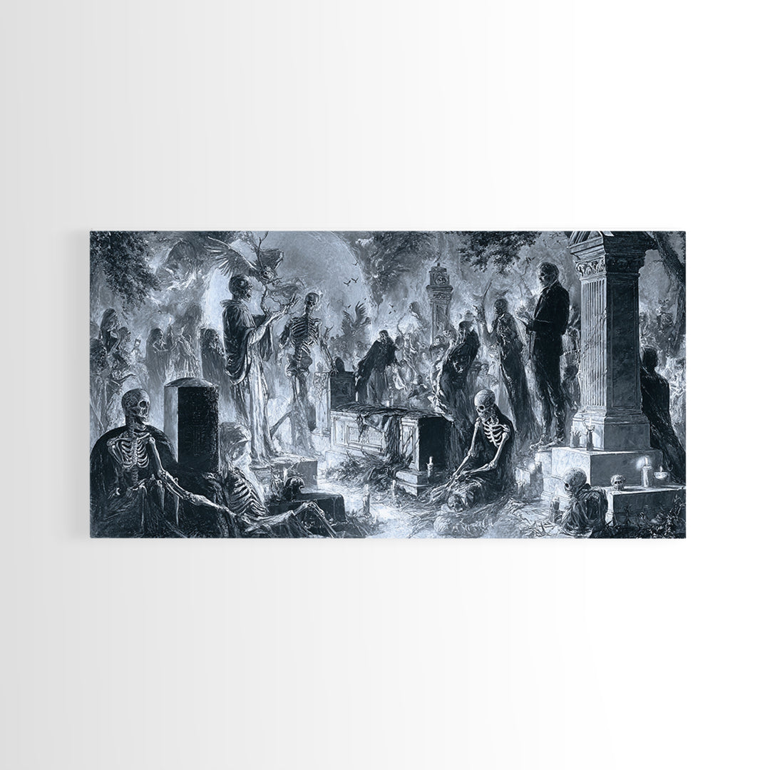 The Graveyard Dance, Biomechanical Horror Art, Wide Panoramic Art, Macabre Wall Art, Framed Canvas Print, Halloween Wall Art