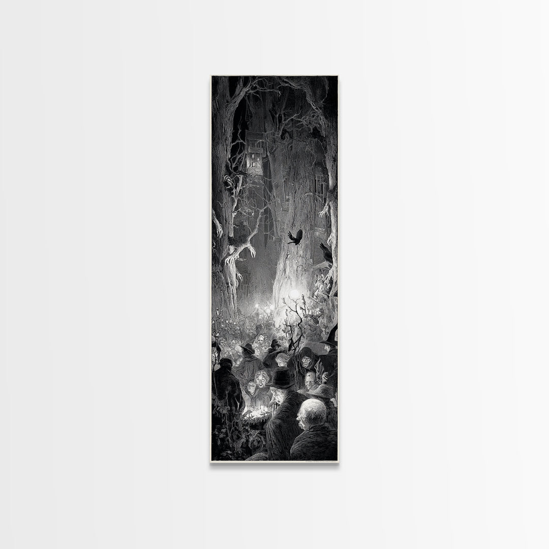 The Haunted Hayride, Gothic Engraving Art, Tall Narrow Wall Art, Macabre Wall Art, Canvas Print, Halloween Wall Art, Gothic Home Decor