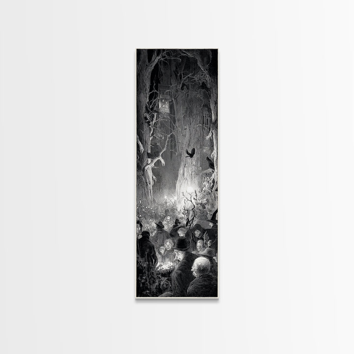 The Haunted Hayride, Gothic Engraving Art, Tall Narrow Wall Art, Macabre Wall Art, Canvas Print, Halloween Wall Art, Gothic Home Decor