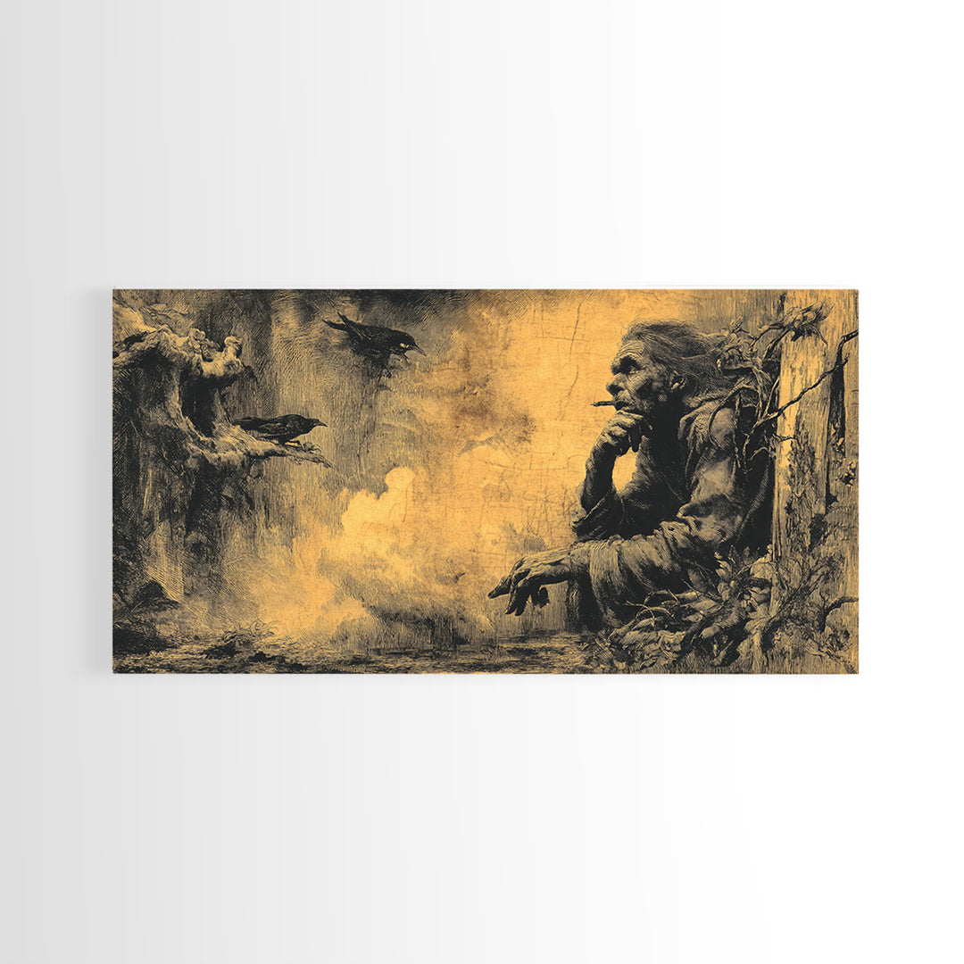 The Haunted Hayride, Baroque Witchcraft Art, Wide Panoramic Art, Dark Fantasy Wall Art, Framed Canvas Print, Halloween Wall Art