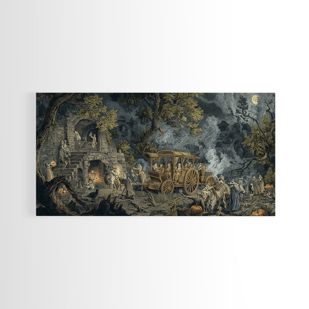 The Haunted Hayride, Architectural Etching Art, Wide Panoramic Art, Dark Fantasy Wall Art, Framed Canvas Print