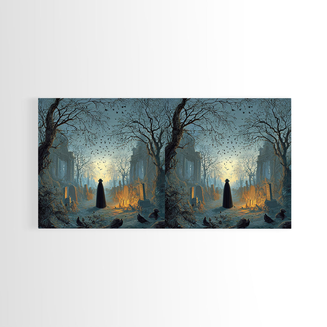 The Haunted Hayride, Romantic Gothic Landscape, Wide Panoramic Art, Dark Fantasy Wall Art, Framed Canvas Print, Halloween Wall Art