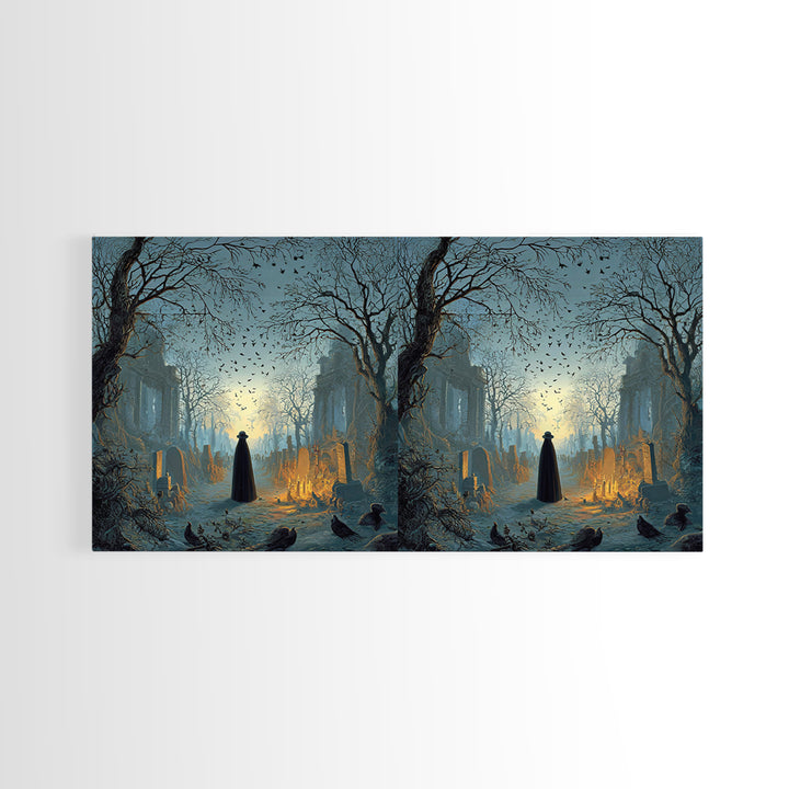 The Haunted Hayride, Romantic Gothic Landscape, Wide Panoramic Art, Dark Fantasy Wall Art, Framed Canvas Print, Halloween Wall Art
