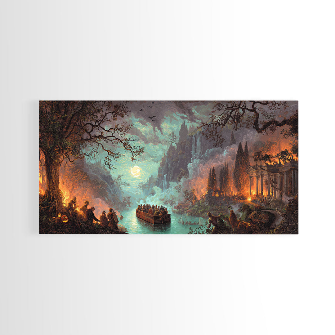 The Haunted Hayride, Apocalyptic Romantic Art, Wide Panoramic Art, Gothic Horror Wall Art, Framed Canvas Print, Halloween Wall Art