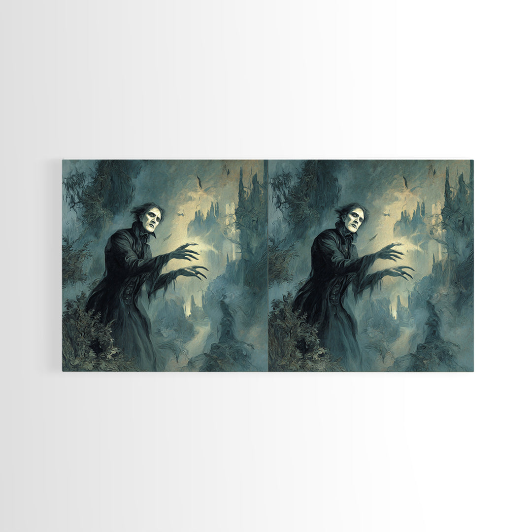 The Haunted Hayride, Symbolist Gothic Landscape, Wide Panoramic Art, Dark Halloween Decor, Canvas Print, Halloween Wall Art