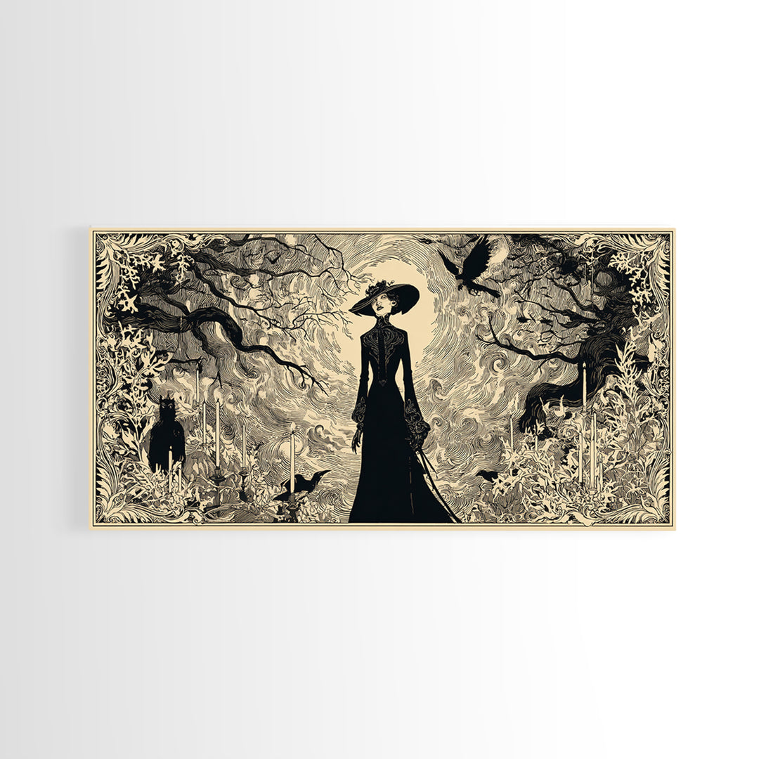 The Haunted Hayride, Decadent Line Art, Wide Panoramic Art, Dark Fantasy Wall Art, Canvas Print, Halloween Wall Art